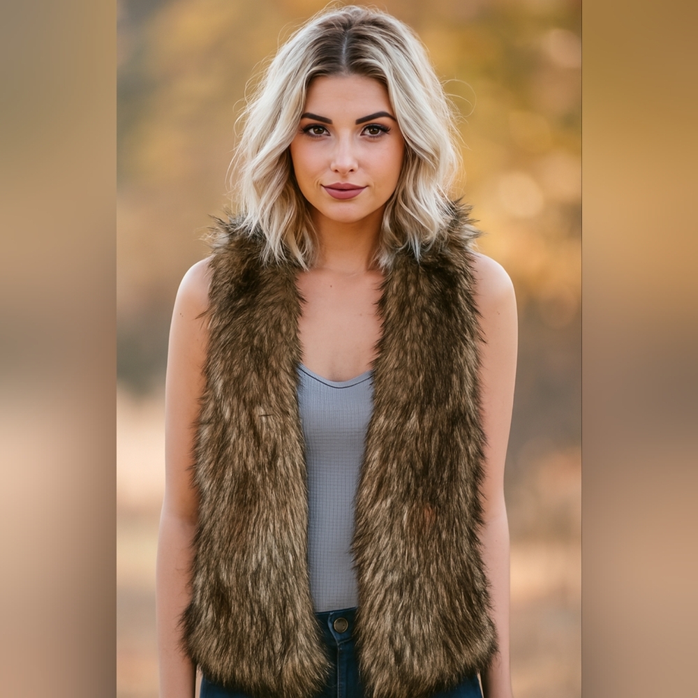 H&M winter Brown black‎ sleeveless faux fur Luxurious Everyday Mob Wife vest